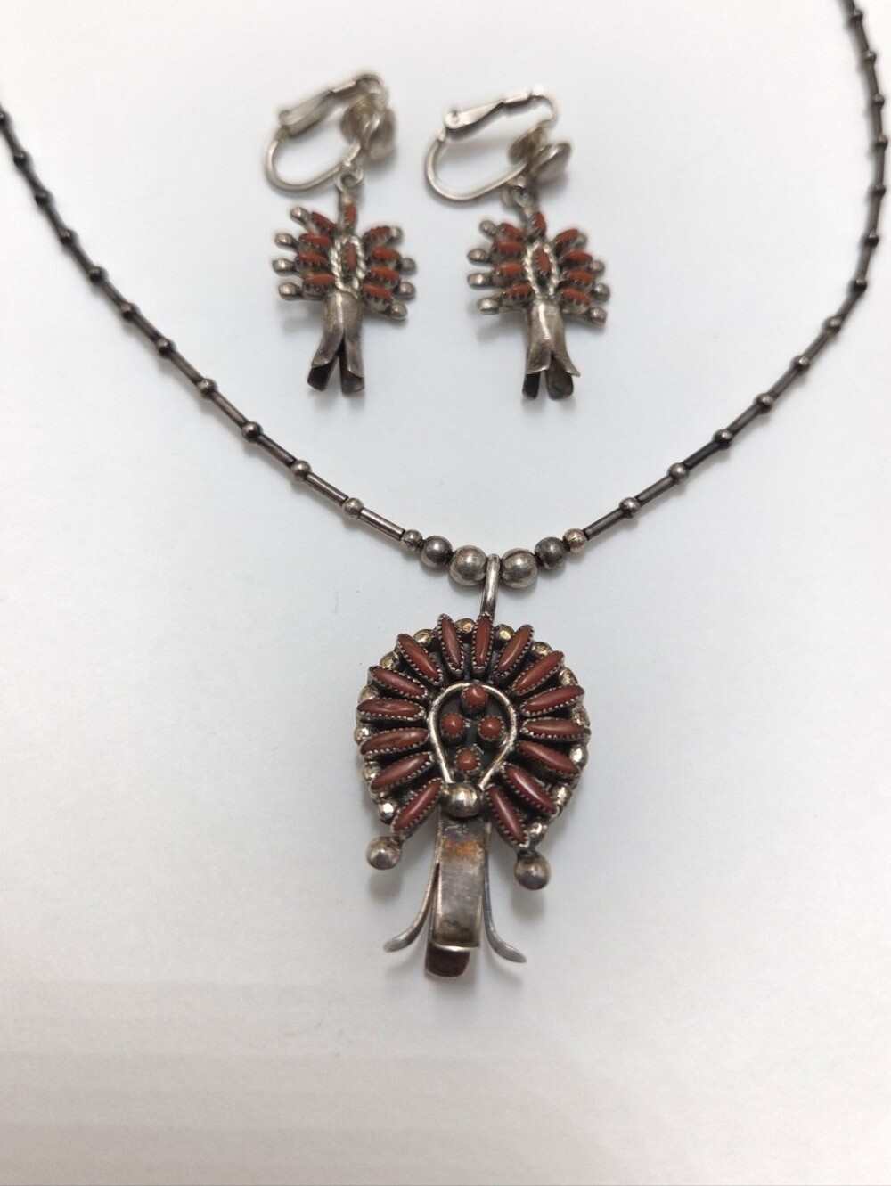 Vtg Zuni Sterling Needlepoint Coral Squash Blossom Pendant Earrings Set Signed